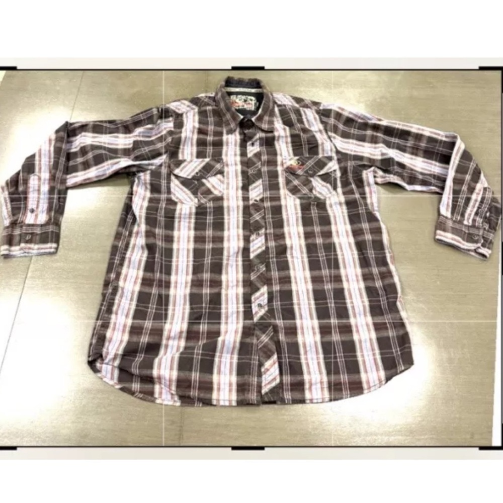 Mossy Oak Brand Camo Men’s Shirt Plaid Snap Down Long Sleeve Size Large Brown